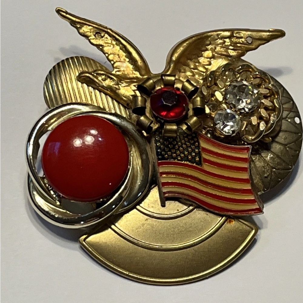 USA Theme Huge Brooch Flag Eagle Stones Vintage Joy Patchey Signed Patriotic